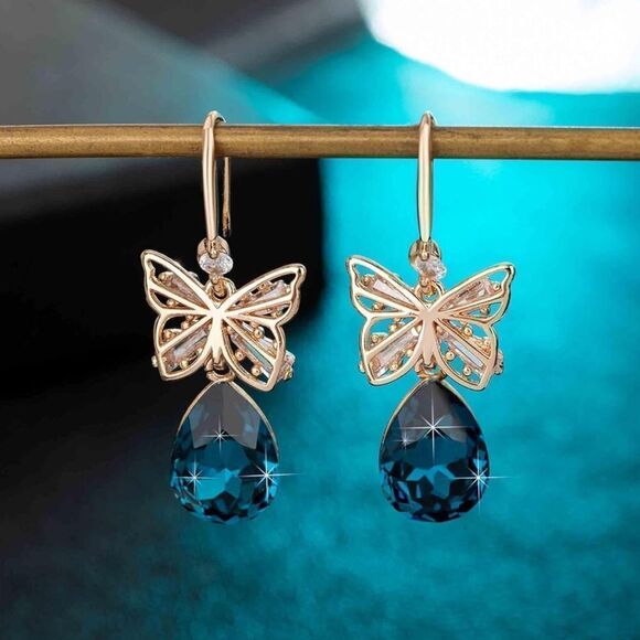14K Rose Gold and London Blue Topaz Austrian Crystal Butterfly Teardrop Earrings - Picture 3 of 5